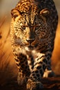 Adult angry leopard in african savannah. Created with Generative AI