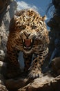 Adult angry leopard in african savannah. Created with Generative AI