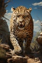 Adult angry leopard in african savannah. Created with Generative AI