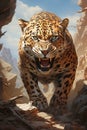 Adult angry leopard in african savannah. Created with Generative AI