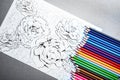 Adult anti stress coloring picture and pencils on grey table, top view