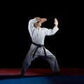 Adult athlete doing formal karate exercises on red and blue tatami