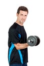 Adult attractive man with iron dumbbell isolated