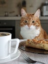 An adult beautiful ginger cat sits at the kitchen table, on which stands a white cup of coffee.