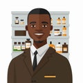 an adult black man working a pharmacist, with shelf of drugstore drugs in the background