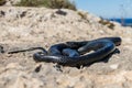 Black western whip snake, Hierophis viridiflavus, basking in the sun on a rocky cliff in Malta Royalty Free Stock Photo