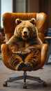 Adult Brown Bear Relaxed in Vintage Leather Office Chair. White background. Animal in human setting