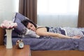 An adult brunette woman sleeps healthy sound