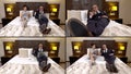 Adult businessman with wife rest and work in hotel room at evening, collaged shot