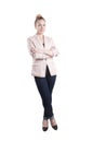 Adult businesswoman wearing jacket stands isolated