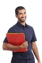 Adult casual arab man student posing standing holding folders