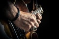 Adult caucasian guitarist portrait playing electric guitar on grunge background. Close up instrument detail. Music