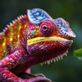Adult Chameleon on branch, chameleon on green baground, closeup