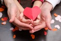 Adult and child hands holding heart shape, health care, donate and family insurance concept Royalty Free Stock Photo