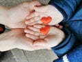 Adult and child hands holding two red heart. Royalty Free Stock Photo