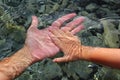 Adult and children hands holding underwater