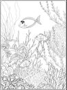 Adult coloring book. Coloring page with underwater world coral reef.