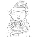 Adult coloring book,page a Christmas bear koala wearing a cap and scarf image for relaxing.Zen art style illustration