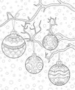Adult coloring book,page a Christmas decoration balls on the brunch for relaxing.Zentangle.