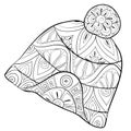 Adult coloring book,page a Christmas fur cap with decoration ornaments for relaxing.Zentangle.