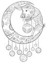 Adult coloring book,page a Christmas pig on the moon with decoration ornaments for relaxing.Zentangle.