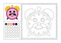 Adult coloring book page colored template, decorative frame and color swatch - vector black and white contour picture - alarm