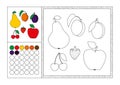 Adult coloring book page colored template, decorative frame and color swatch - vector black and white contour picture - fruit