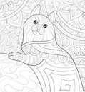 Adult Coloring Book,page A Cute Cat On The Abstract Background With Ornaments Image For Relaxing.Zen Art Style Illustration
