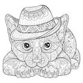 Adult coloring book,page a cute cat with hat for relaxing.Zen art style illustration. Royalty Free Stock Photo