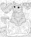 Adult coloring book,page a cute cat with a pillow on the background with hearts for relaxing.Zen art style illustration. Royalty Free Stock Photo