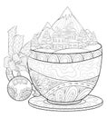 Adult coloring book,page a cute cup with winter lanscape and Christmas decoration ball and bow for relaxing.