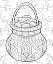 Adult coloring book,page a cute jug with coins for relaxing.Saint Patrick Day. Royalty Free Stock Photo