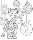 Adult coloring book,page a cute little dog wearing Christmas hat on the background with decoration balls for relaxing.Zentangle.