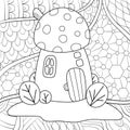 Adult coloring book,page a cute mushroom house on the abstract background with ornaments image for relaxing.Zen art style Royalty Free Stock Photo