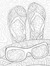 Adult coloring book,page a cute pair of beach slippers and sun glasses image for relaxing.