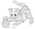 Adult coloring book,page a cute playing cat with ball of thread for relaxing.Zen art style illustration.