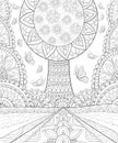 Adult coloring book,page a fairy tree on the abstract background image for relaxing. Royalty Free Stock Photo