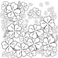 Adult coloring book page. Four leaf clovers. Hand drawn Vector Illustration.