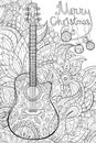 Adult coloring book,page a guitar on the floral background Christmas decoration balls on the brunch for relaxing.Zentangle.