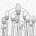 Adult coloring book page. Magic mushrooms garden whimsical line art