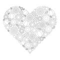 Adult coloring book page - vector black and white contour picture - heart shape with spring flowers