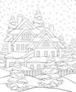 Adult coloring book,page an winter landscape with house image for relaxing.