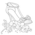 Adult coloring page, book. Hand drawn outline ornamental high heel shoe illustration. Nearby is an orchid flower. Zen art style