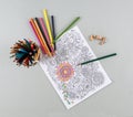 Adult Coloring Page, Colored Pencils, Pencil Shavings Royalty Free Stock Photo