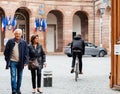 Adult couple exits polling plate after second round France elect