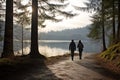 An adult couple on a morning jog in a sunny forest. Healthy lifestyle concept Royalty Free Stock Photo