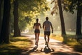 An adult couple on a morning jog in a sunny forest. Healthy lifestyle concept Royalty Free Stock Photo