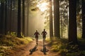 An adult couple on a morning jog in a sunny forest. Healthy lifestyle concept Royalty Free Stock Photo