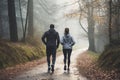 An adult couple on a morning jog in a sunny forest. Healthy lifestyle concept Royalty Free Stock Photo
