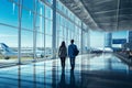 Adult couple with suitcases walking by the panoramic windows overlooking the runways and planes in the departure